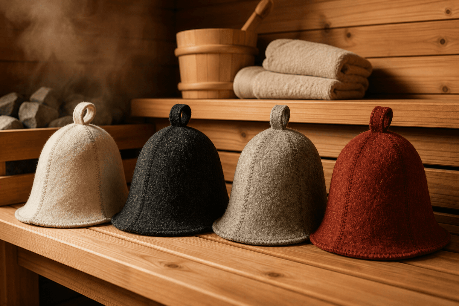 Natural wool sauna hats in several colors arranged on a sauna bench