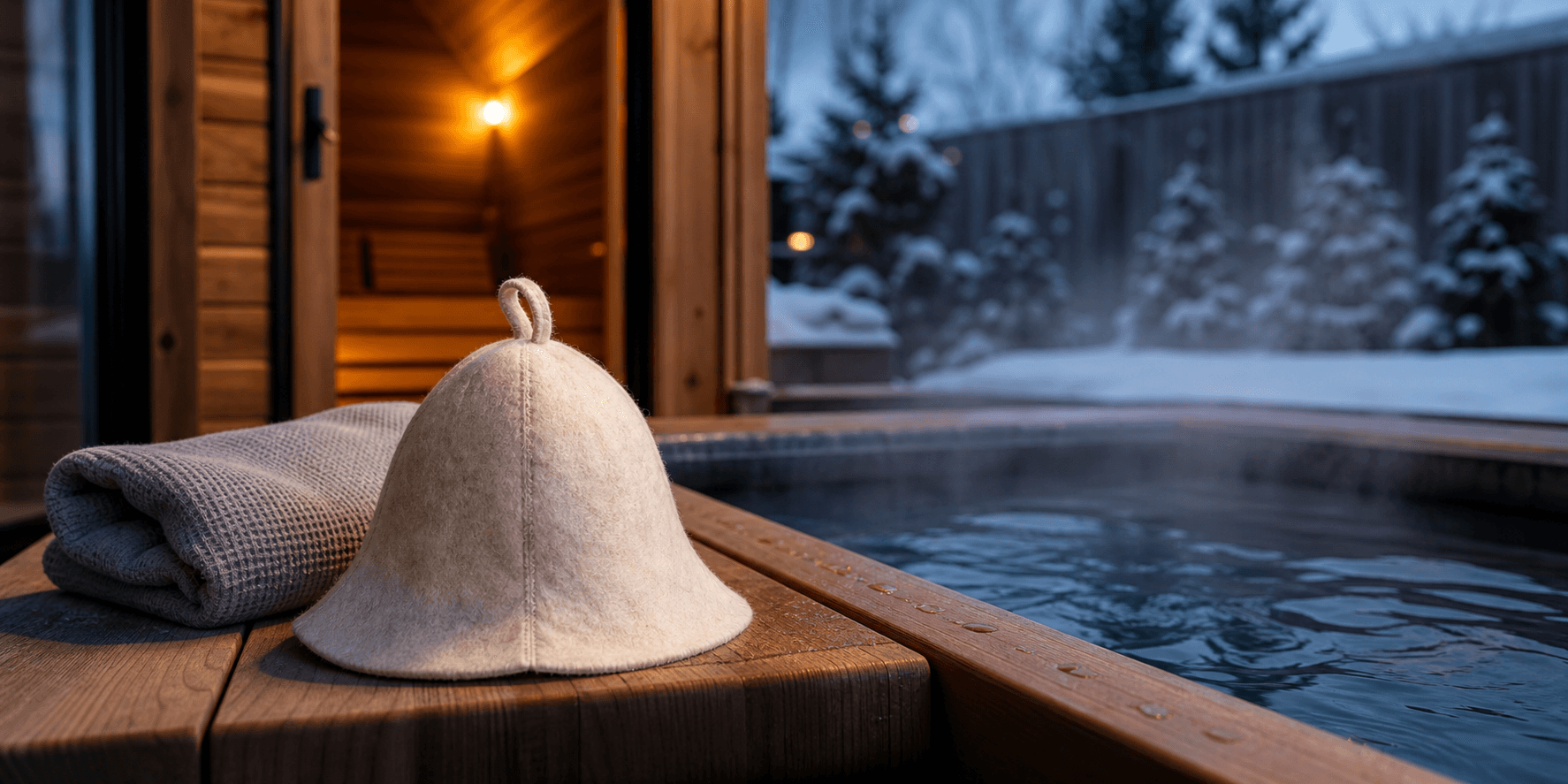 Natural wool sauna hat beside a cold plunge tub and warm sauna