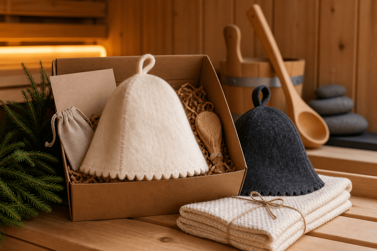 Natural wool sauna hat gift set in a kraft box with towels