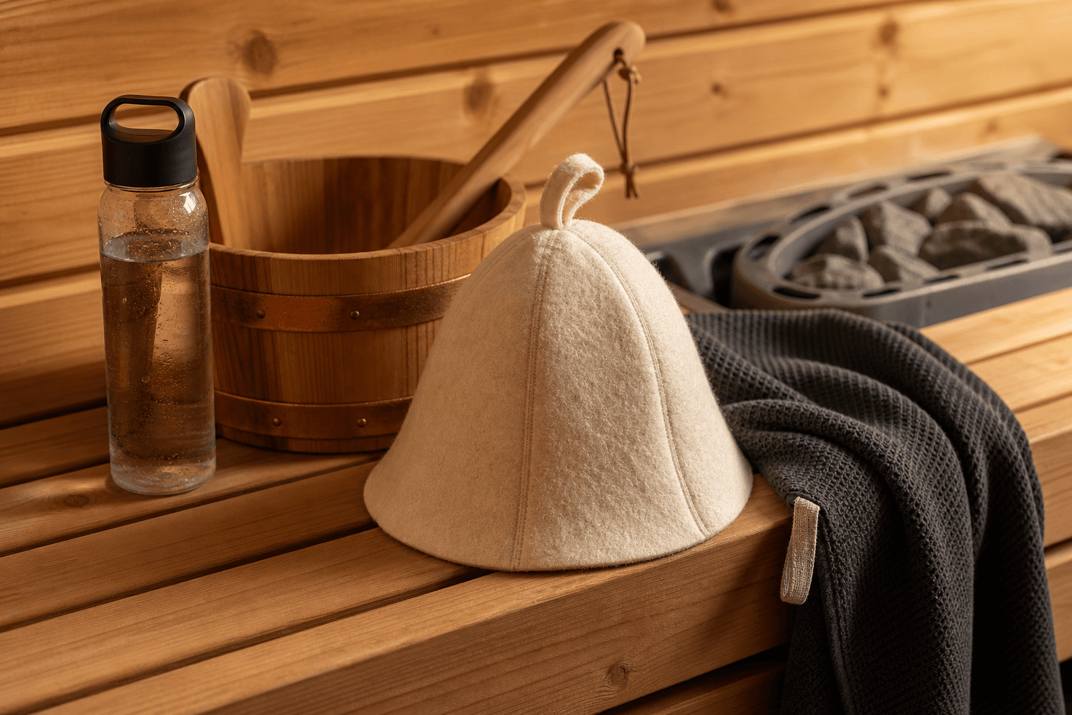 Natural wool sauna hat with towel, bucket, ladle, and water bottle