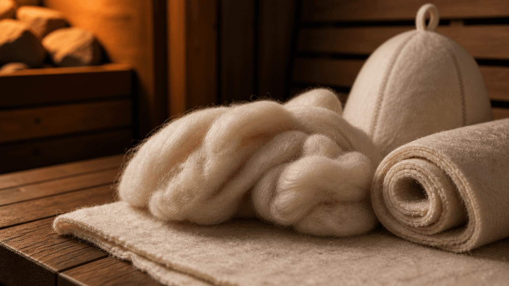 Natural undyed wool fibers and felted wool for sauna hats
