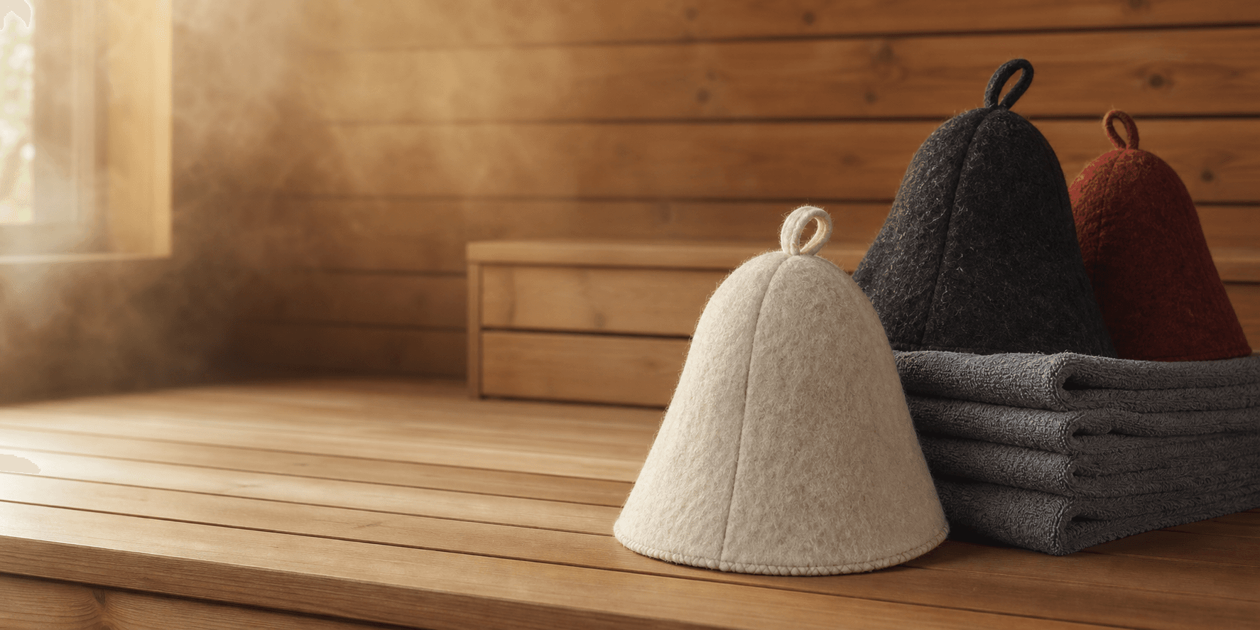 Wool sauna hats on a cedar sauna bench
