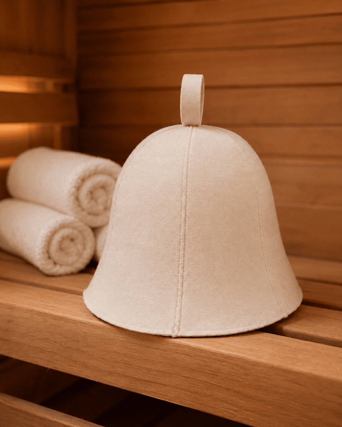 Natural ivory wool sauna hat on a cedar sauna bench